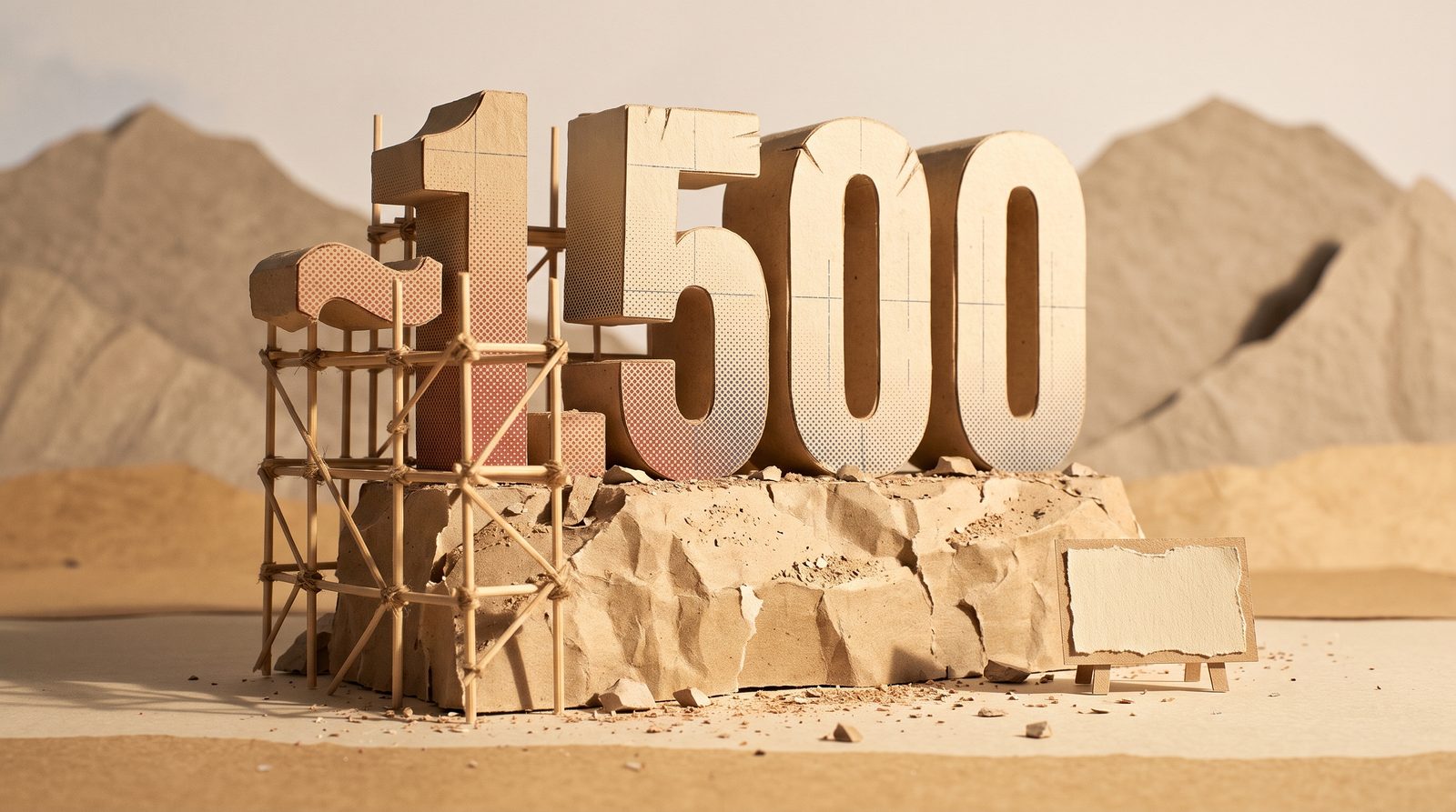 A giant unfinished numeral reading approximately 1,500, half-carved, scaffolding lashed up one side.