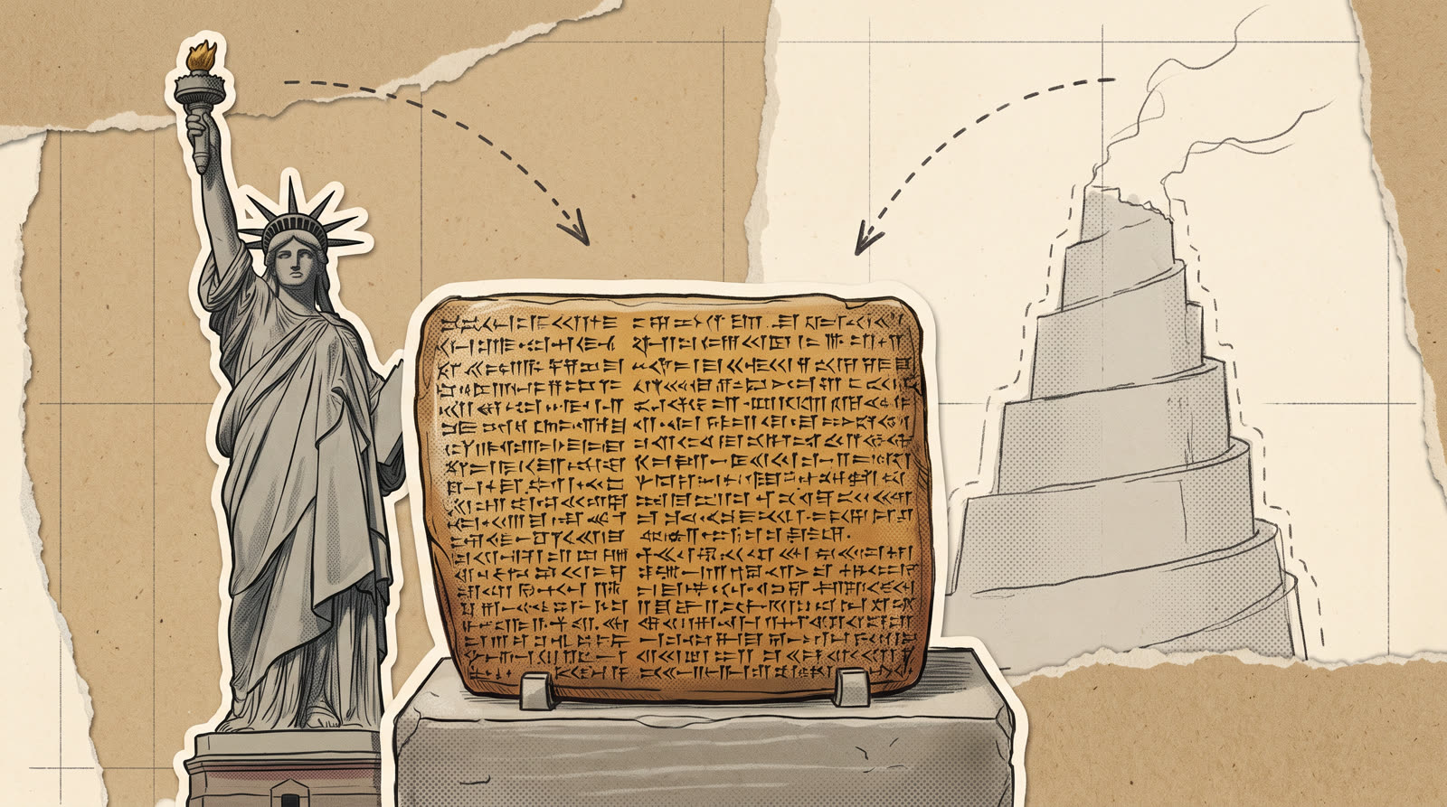 The Statue of Liberty beside an inscribed clay tablet and a sketched stepped tower ruin, comparing their heights.