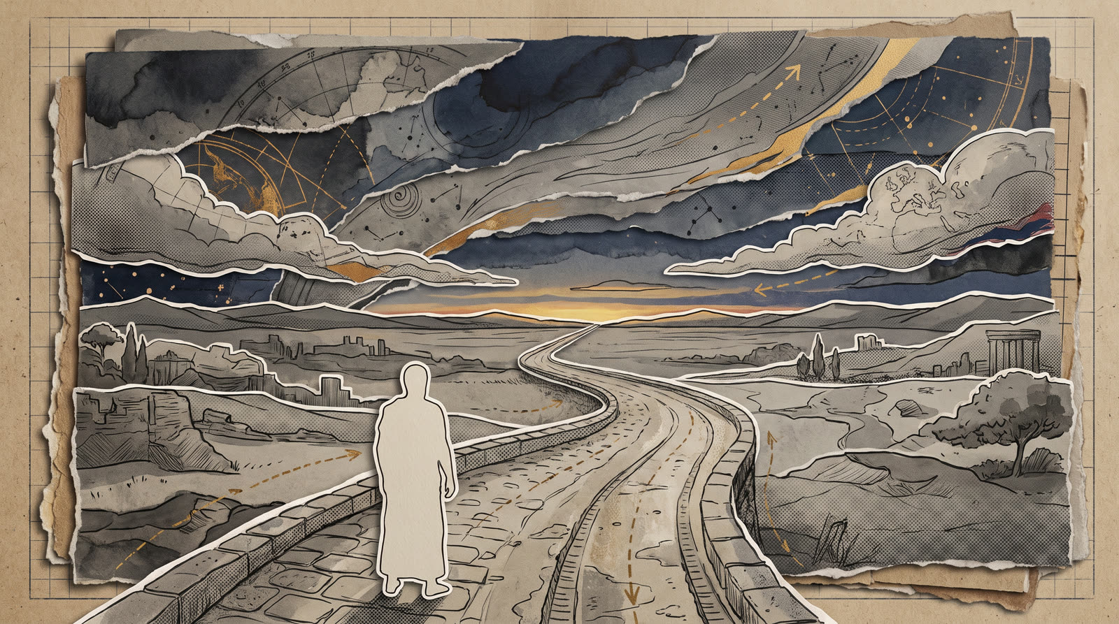 A lone robed silhouette walking a long paved road toward a dawn horizon under a dramatic torn-paper sky.