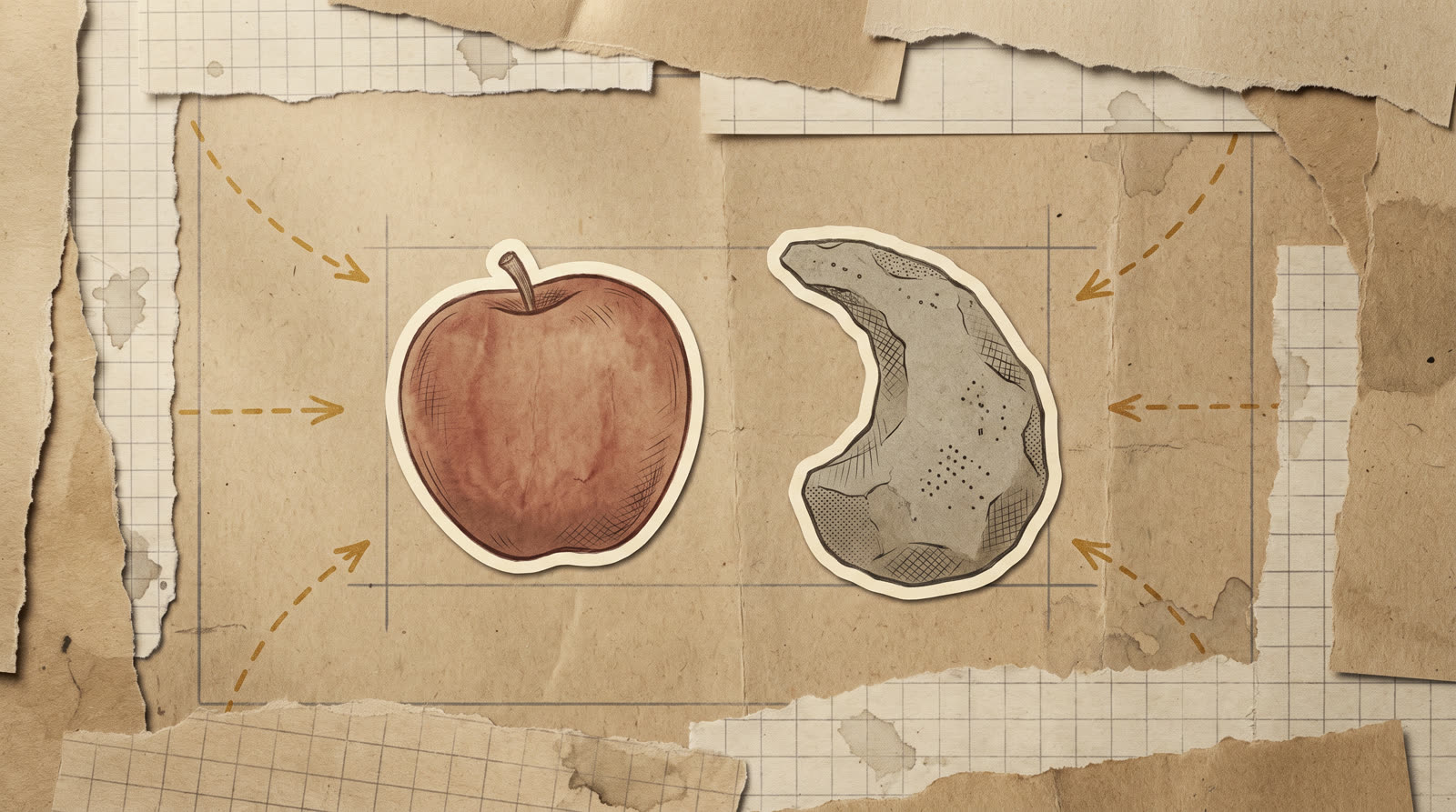 A diptych: a whole apple beside the same apple rotting.