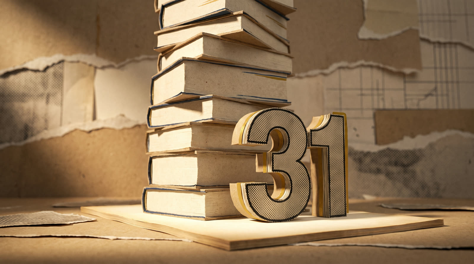 A tall stack of books beside a large paper-craft numeral 31, on a sunlit desk of torn kraft paper.