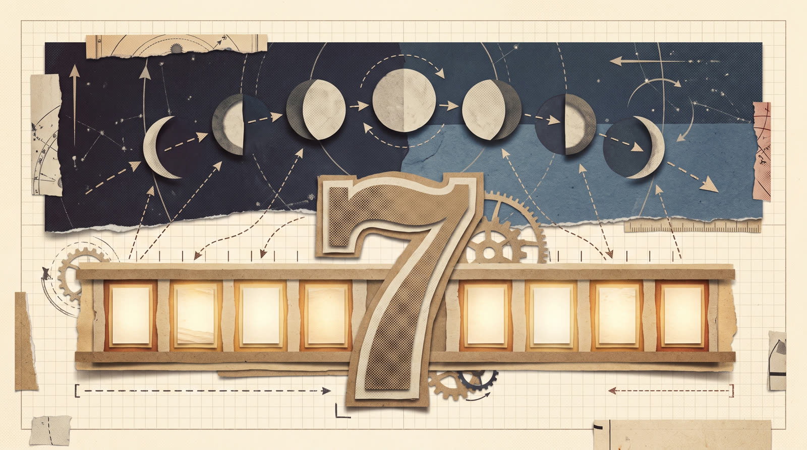 A sequence of paper moon phases arcing above a giant illuminated film-strip numeral seven.