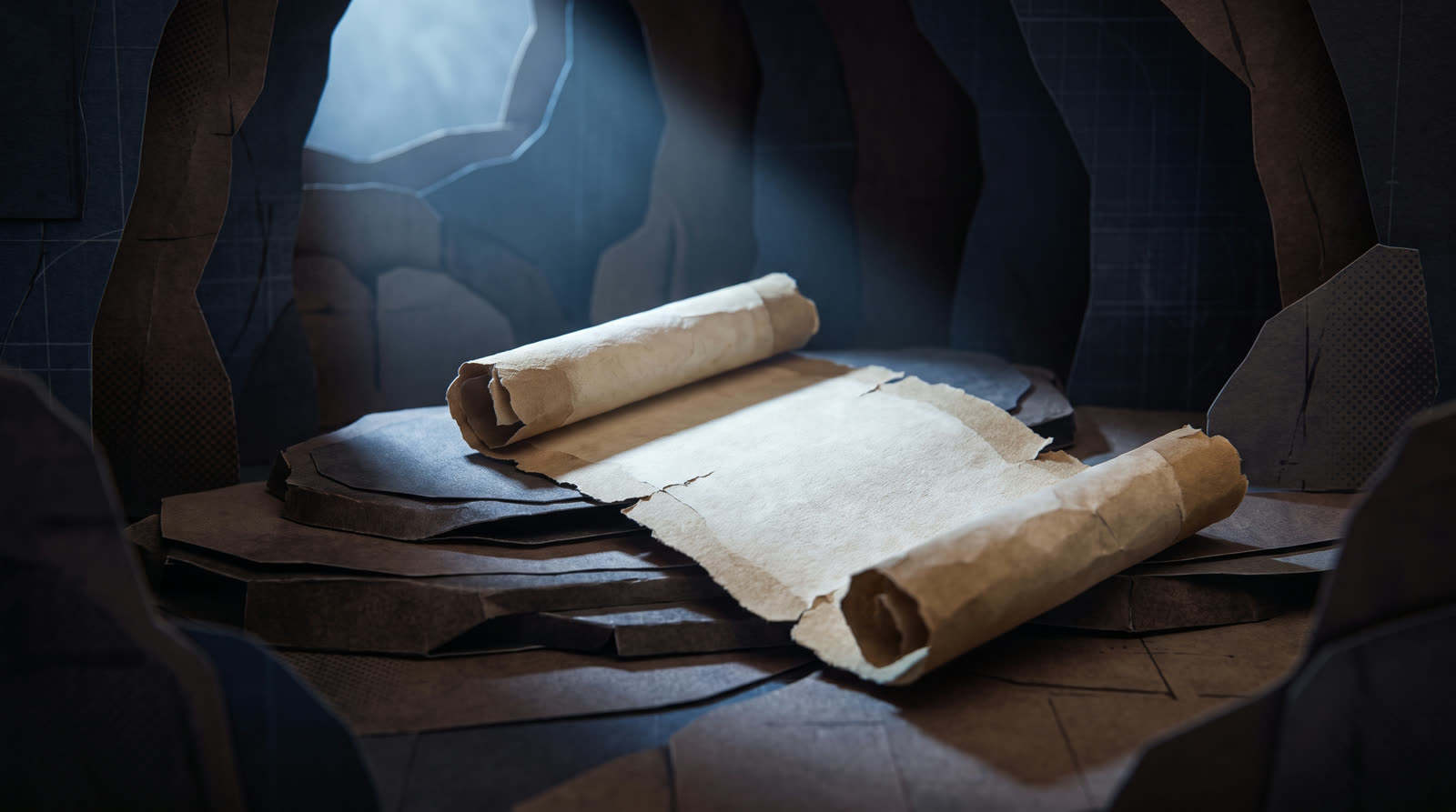 A dark cave interior, a single beam of light falling on an unrolled scroll.