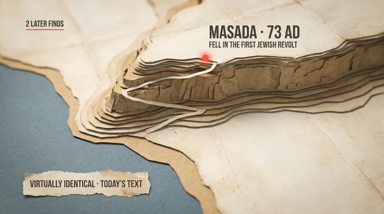 A relief map of Masada marked 73 AD, labeled 'fell in the first Jewish revolt' and 'virtually identical, today's text.'