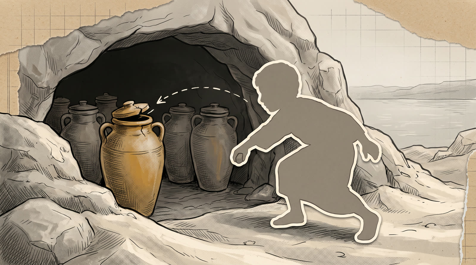 A shepherd's silhouette reaching into a cave mouth lined with clay storage jars, one open and glowing amber, the sea beyond the entrance - die-cut paper-collage illustration.