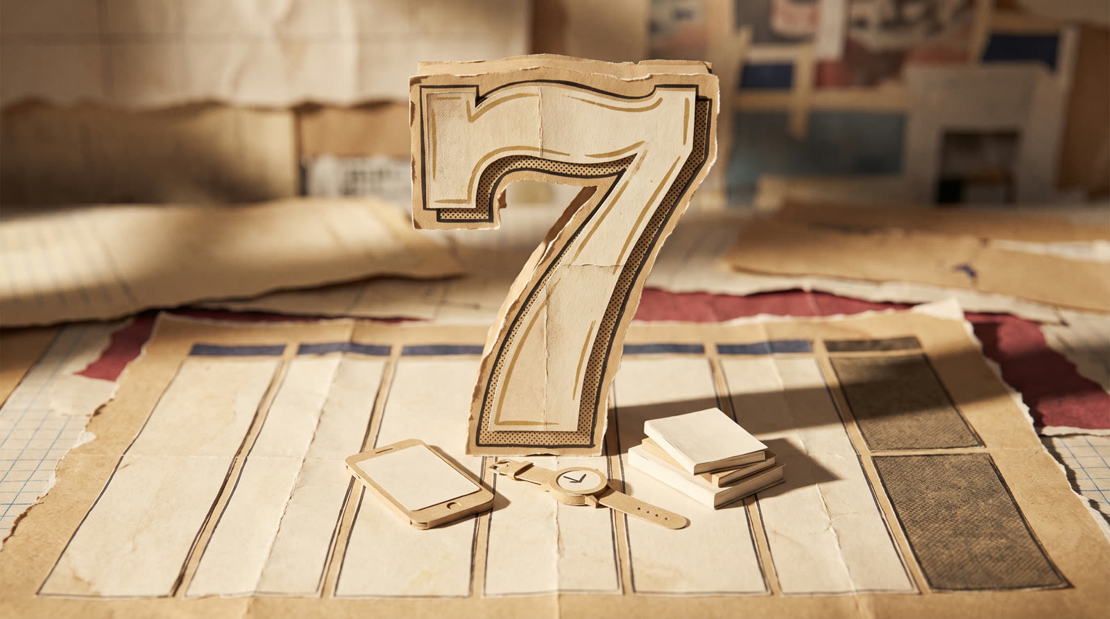 A giant paper numeral seven standing beside everyday modern objects.