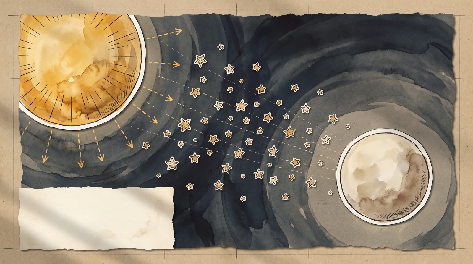 A watercolor sun and moon facing each other across a starry night sky, dashed lines marking light and stars streaming between them.