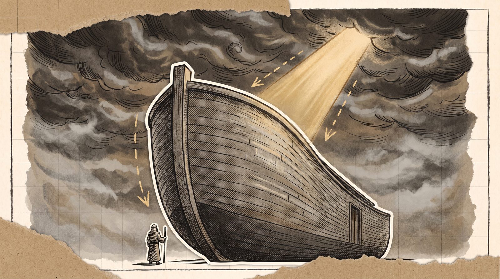A colossal wooden hull filling the frame under a breaking storm sky, a tiny figure at its base.