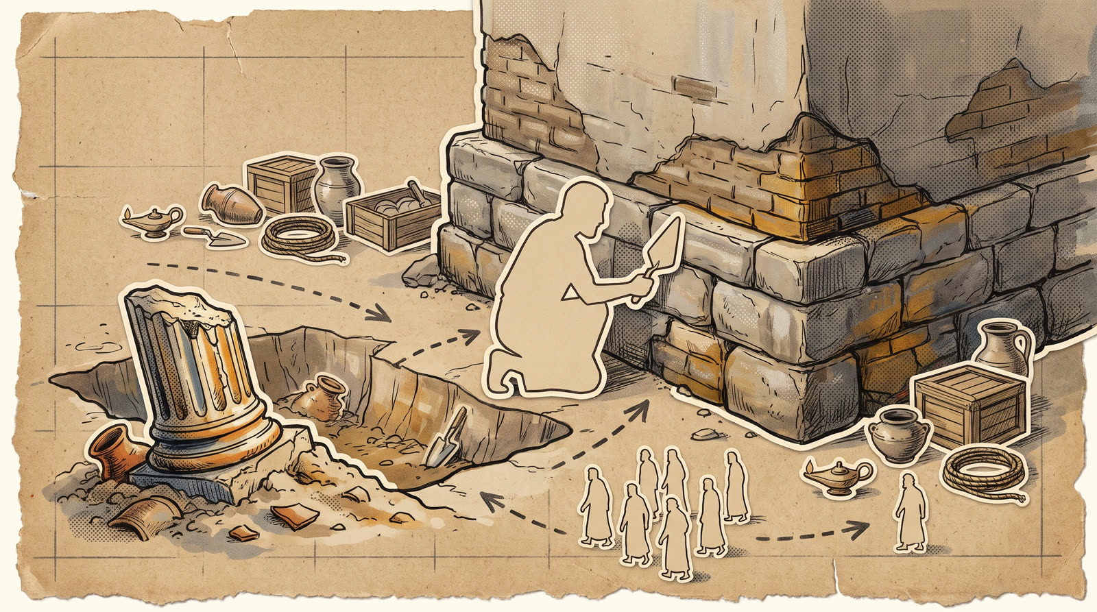 An archaeological dig site with a broken column and a kneeling figure.